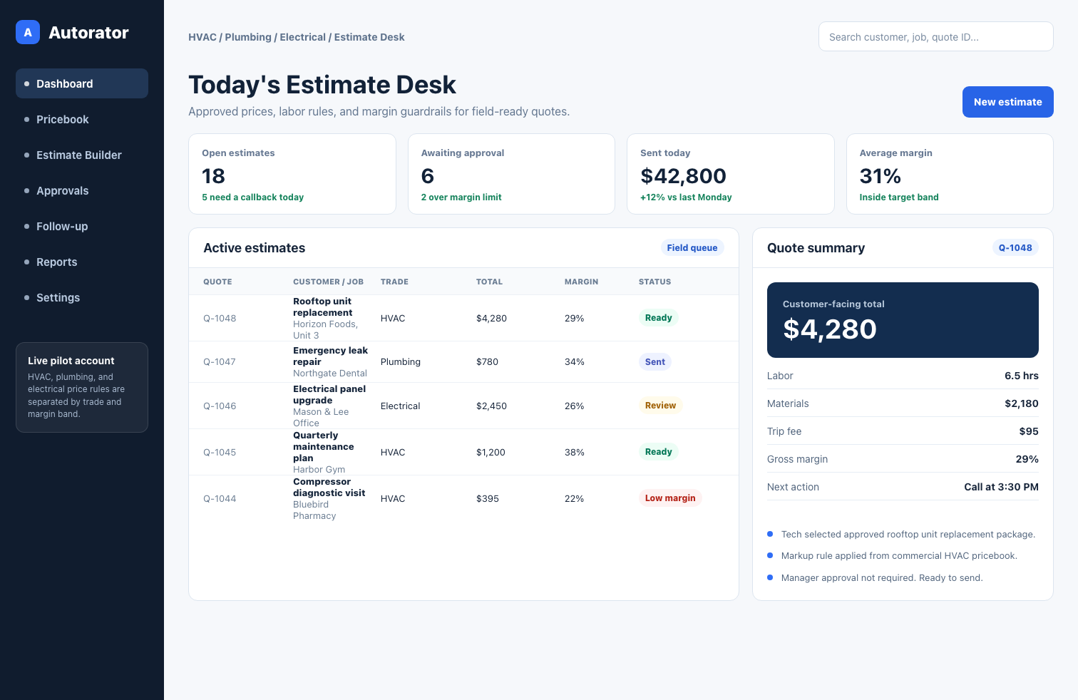 HVAC pricebook and quote workflow dashboard