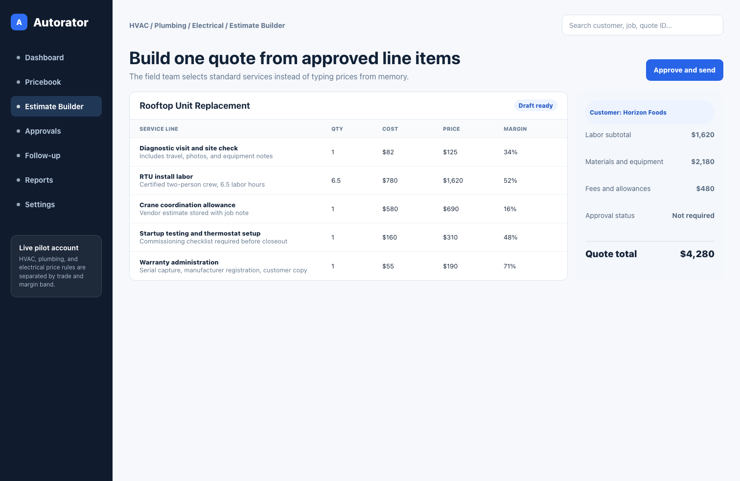 Estimate builder desktop screen