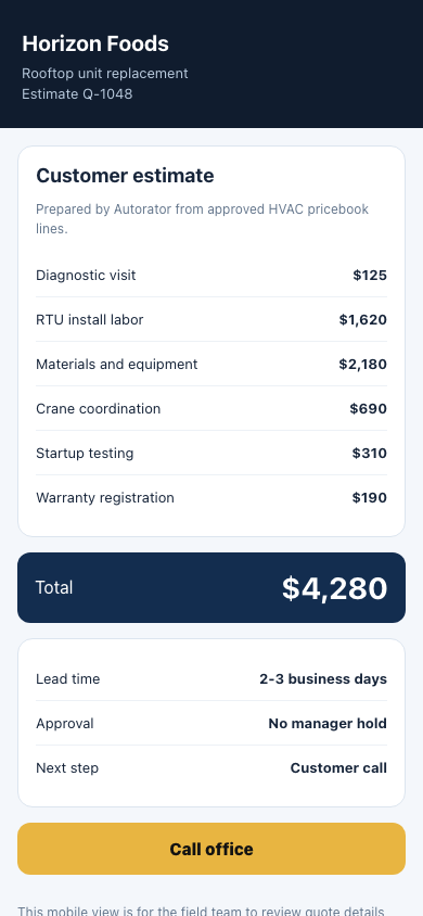 Customer estimate approval mobile screen