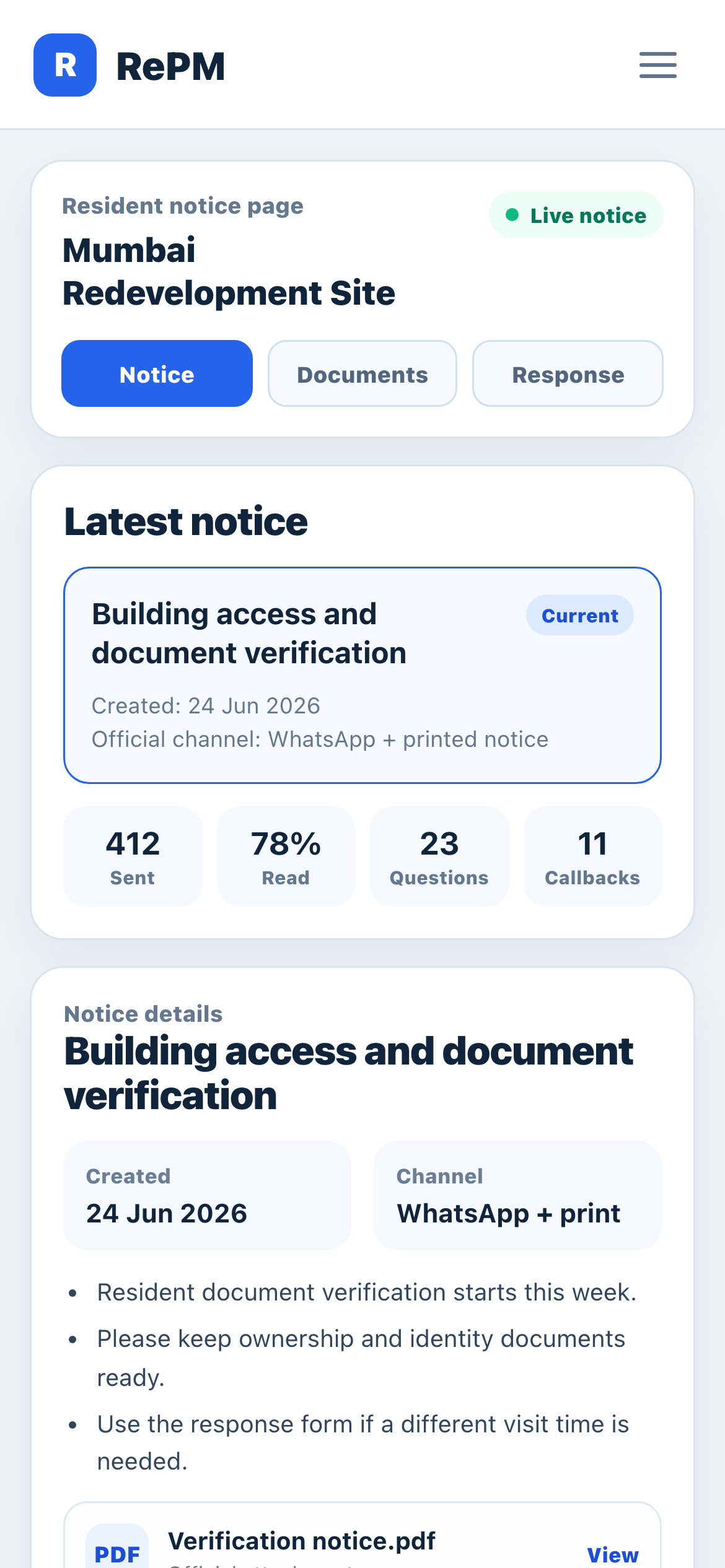 Resident notice page opened from a link