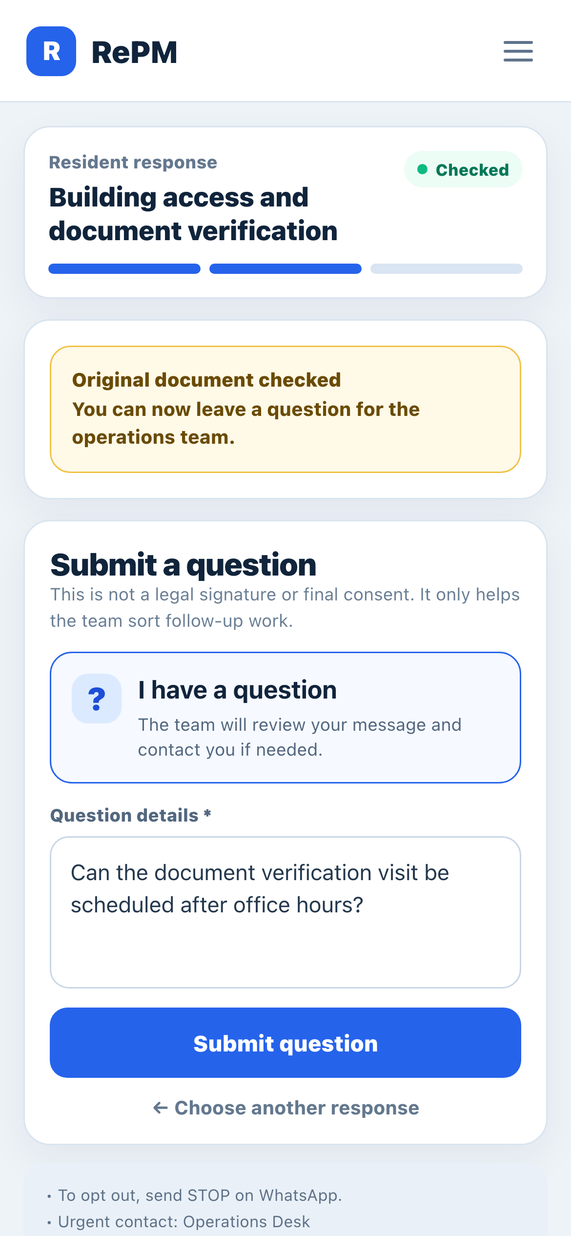 Autorator Redev resident question submission screen