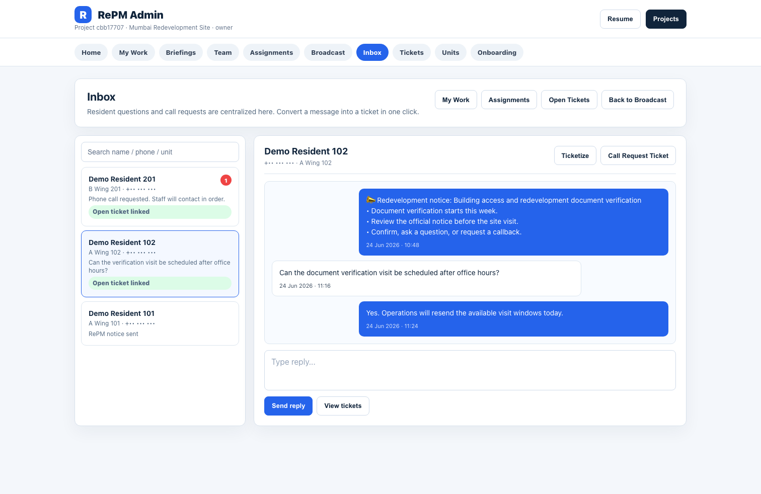 Resident question and reply admin screen